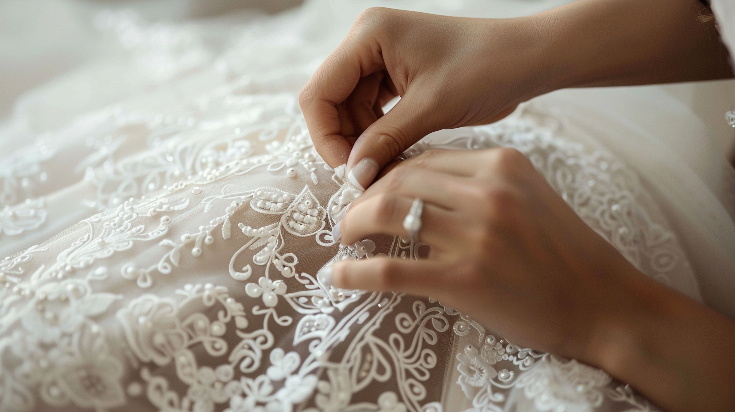 Hand finishing intricate lace bridalwear