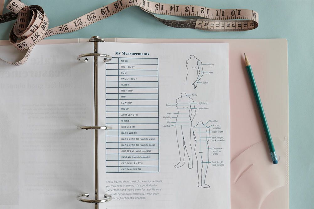Garment measurement chart with measuring tape and pencil