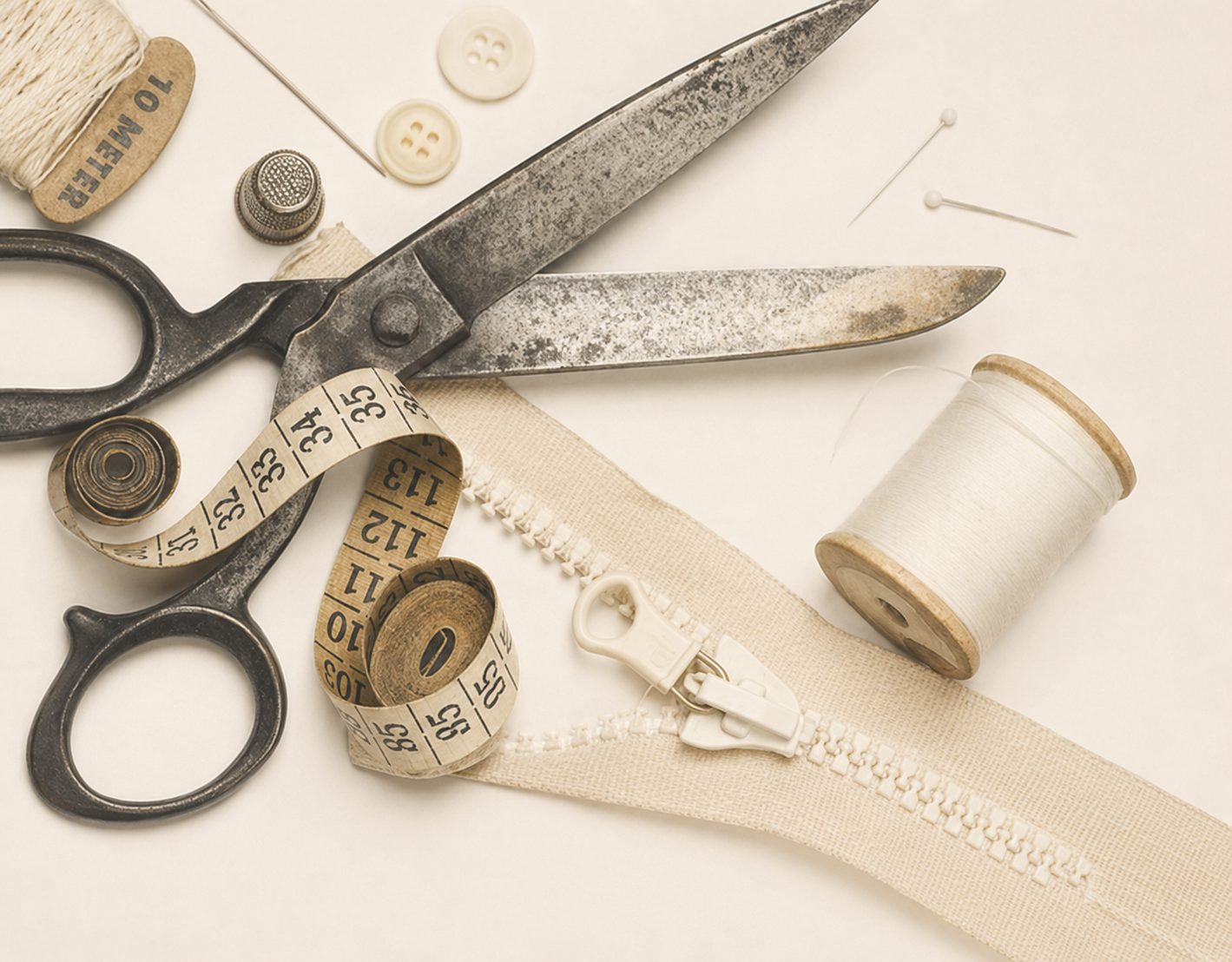 Tailoring shears, measuring tape, thread, and zip