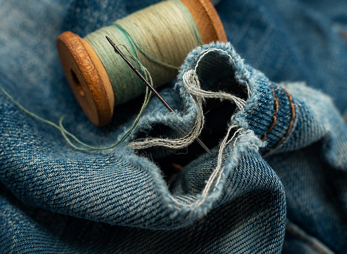 Needle and thread repairing torn denim